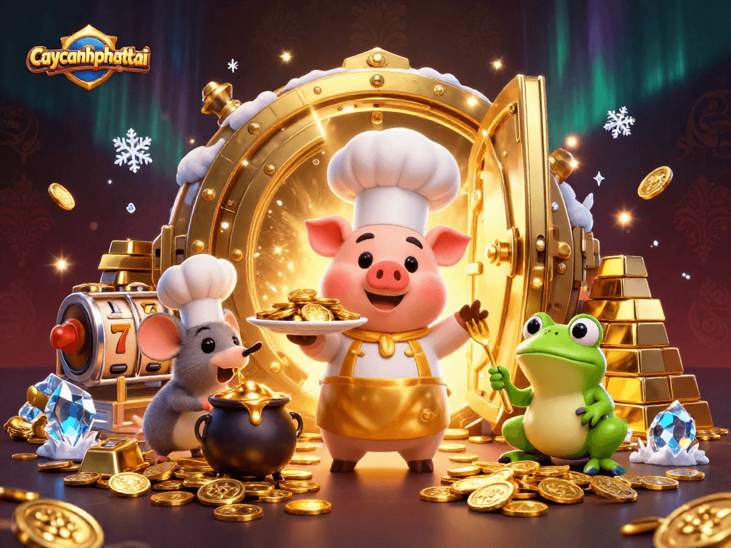 Engage with caycanhphattai's vibrant 3D scene filled with gold coins, jackpots, and whimsical characters.
