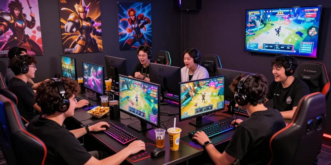 Gamers enjoying gacha168 games on digital devices in a vibrant, engaging environment.