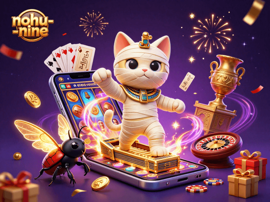 Experience thrilling gameplay in nohu-nine with an Egyptian mummy cat and a scarab beetle in a vibrant casino.