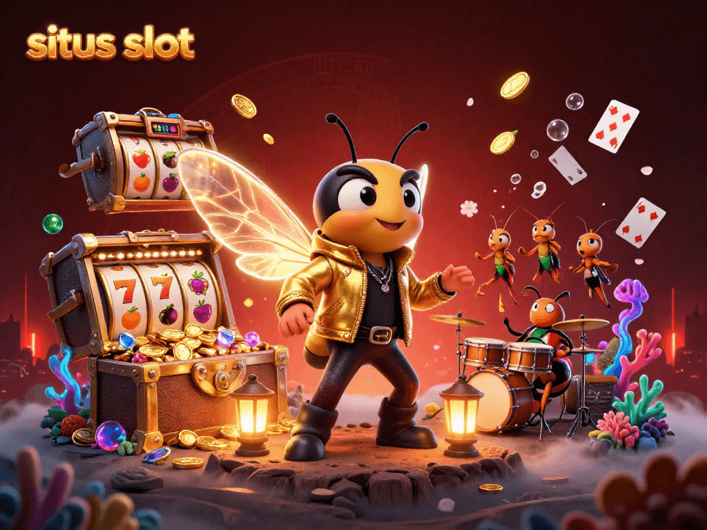 Ilustrasi 3D penuh warna tentang situs slot menampilkan simbol buah dan jackpot yang menggiurkan.