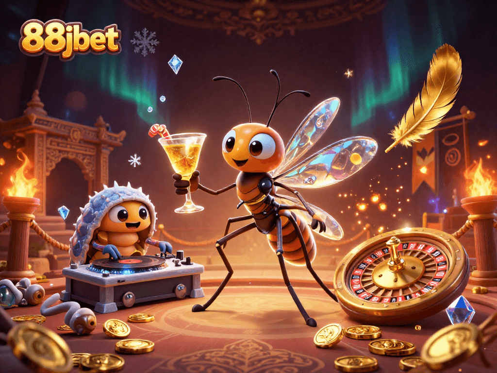 Experience thrilling gameplay with 88jbet, featuring lively casino mascots and a themed roulette wheel.