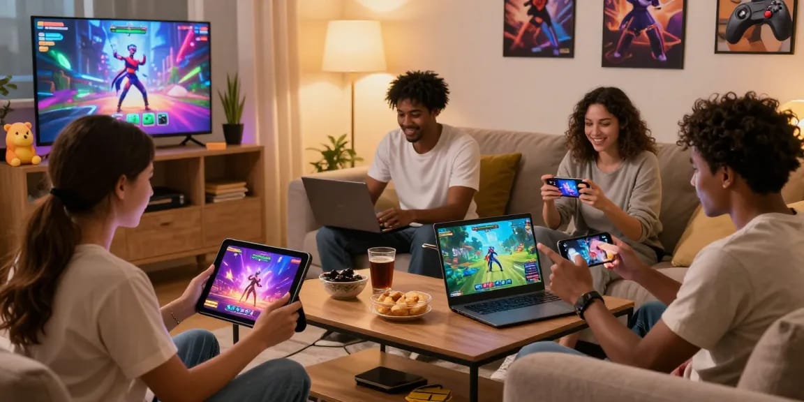 Group enjoying free sex game on various devices in a cozy living room.