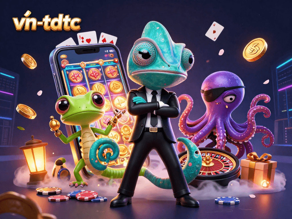 Engaging scene with vn-tdtc characters showcasing exciting slot game action surrounded by dynamic casino elements