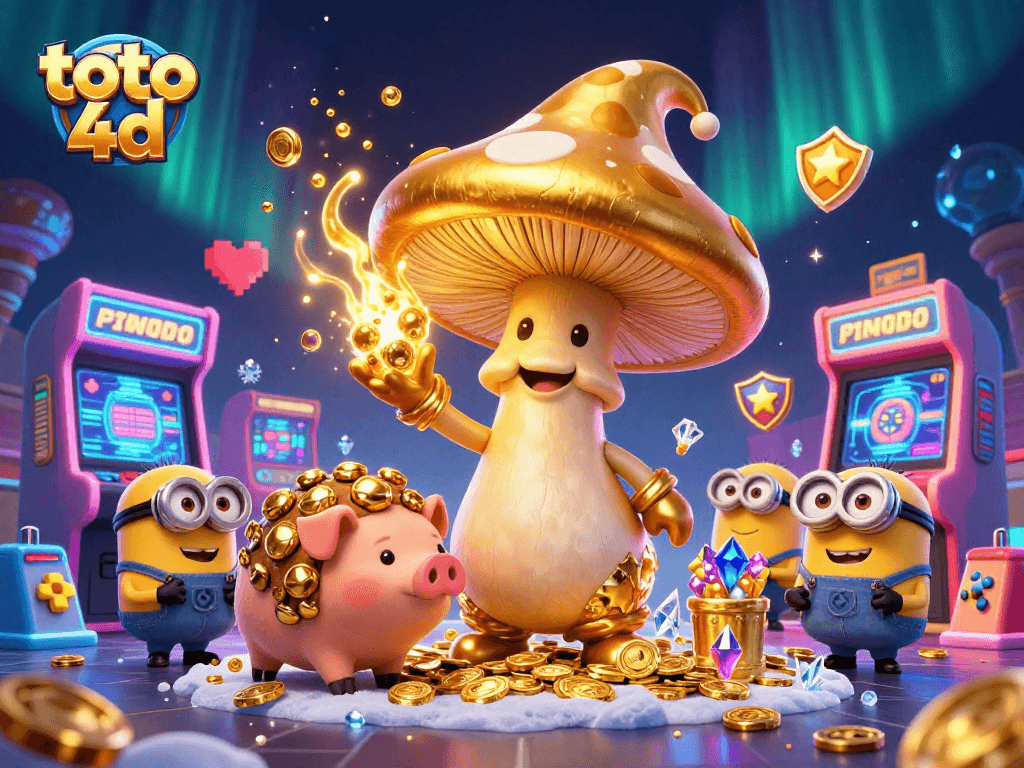 Experience the thrill of toto 4d gaming with magical characters and dynamic arcade elements in this vibrant illustration.