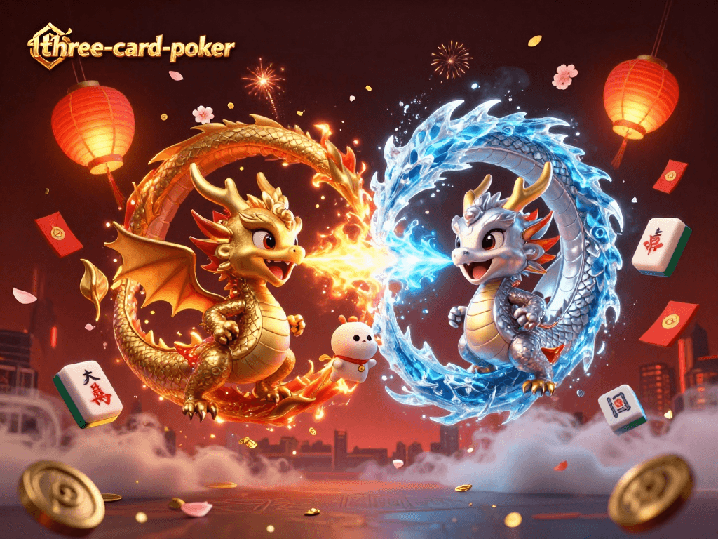 Engage in three-card-poker excitement with dynamic dragons and festive elements illustrating gameplay.
