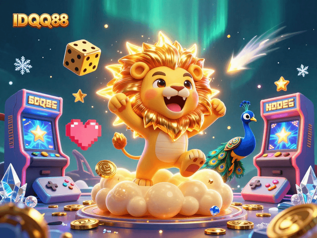 Engage with IDQQ88 for thrilling online gaming adventures in a vibrant casino-inspired 3D scene.