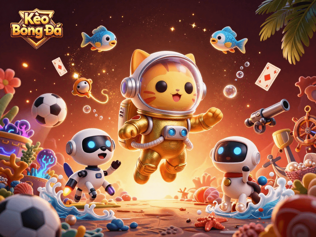 Kèo Bóng Đá engages players with vibrant sports-themed visuals of betting, trophies, and dynamic gameplay elements.