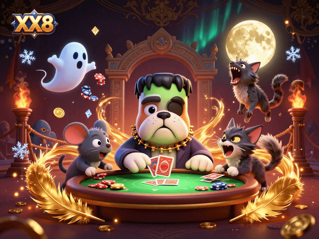 Engage in thrilling card games at XX8 with a whimsical scene of a Frankenstein bulldog and ghost mouse amidst golden chips.