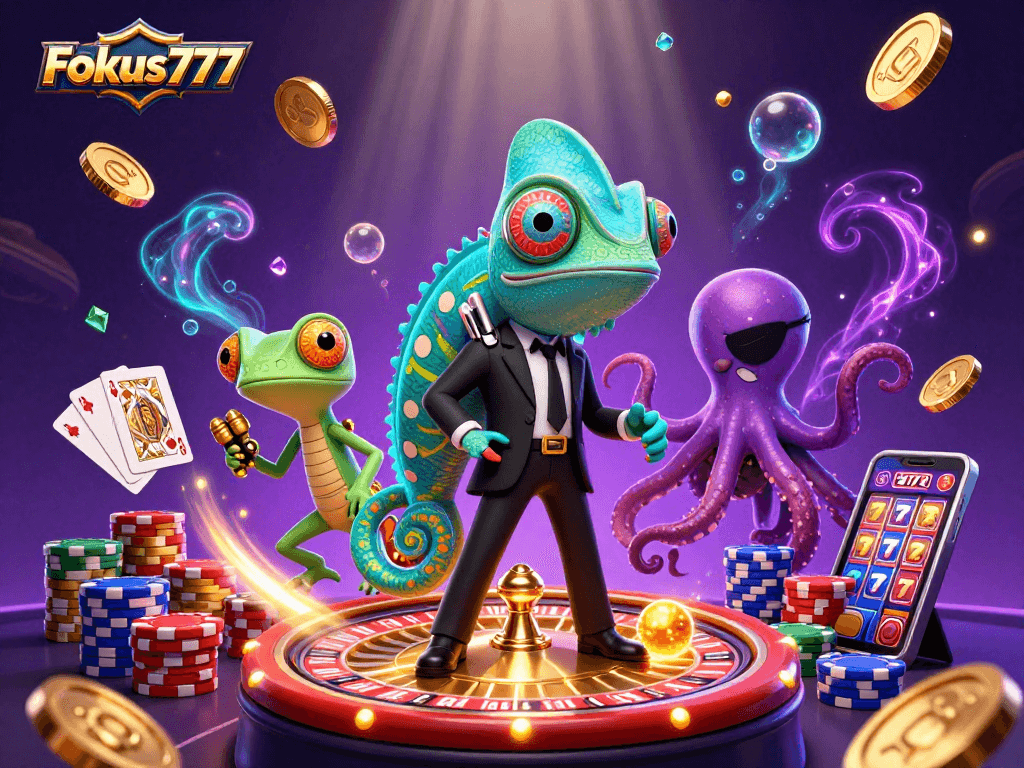 Engage with Fokus777's thrilling gaming experience featuring a dynamic chameleon, gecko, and octopus amid dazzling casino elements.