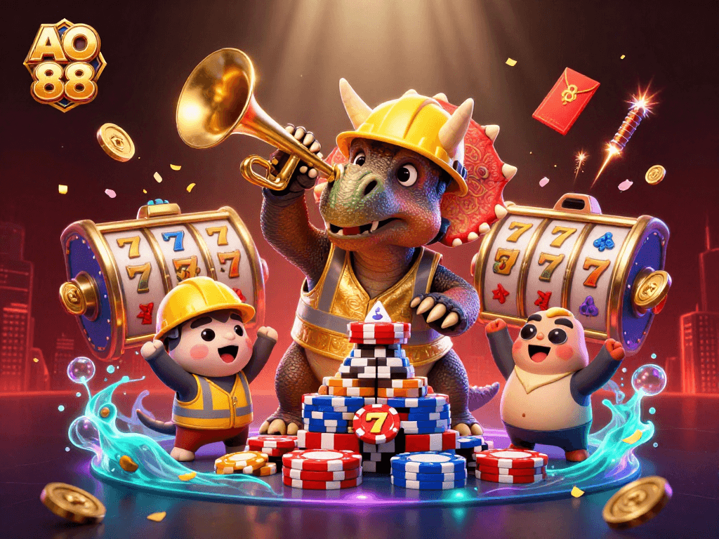 Engage in exciting gameplay at AO 88 with vibrant character interactions amidst festival elements in a casino scene.