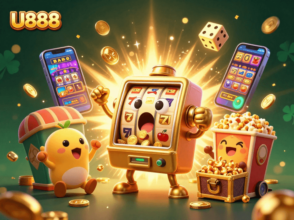 Experience a thrilling jackpot with U888's exciting slot machines, coins pouring as baby machines cheer!