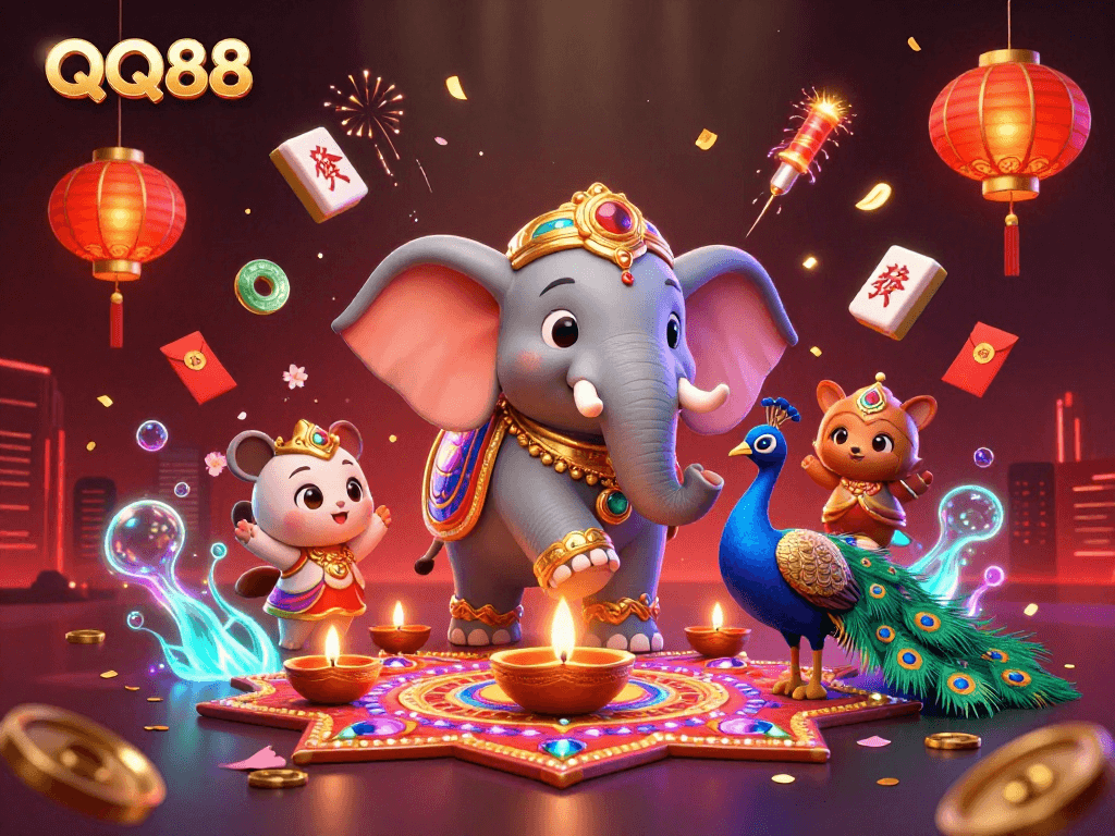 Boost your QQ88 gaming experience with a vibrant festival-themed casino illustration.