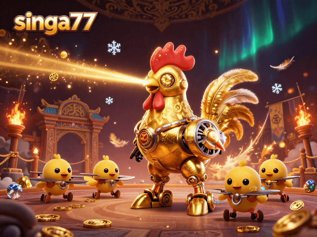Singa77 features a dynamic golden rooster robot and drones in a vibrant gambling arena