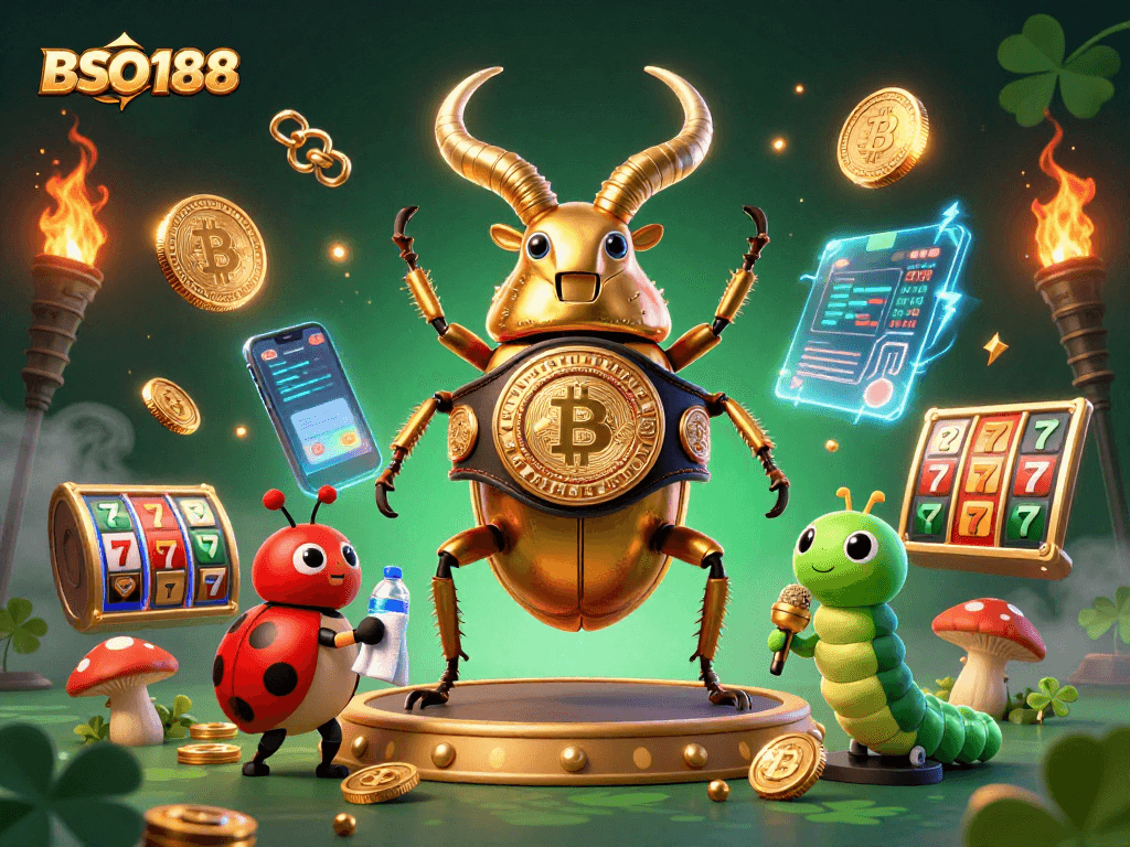 Engage with BSO188's vibrant 3D illustration showcasing a champion beetle in a casino-themed battle.