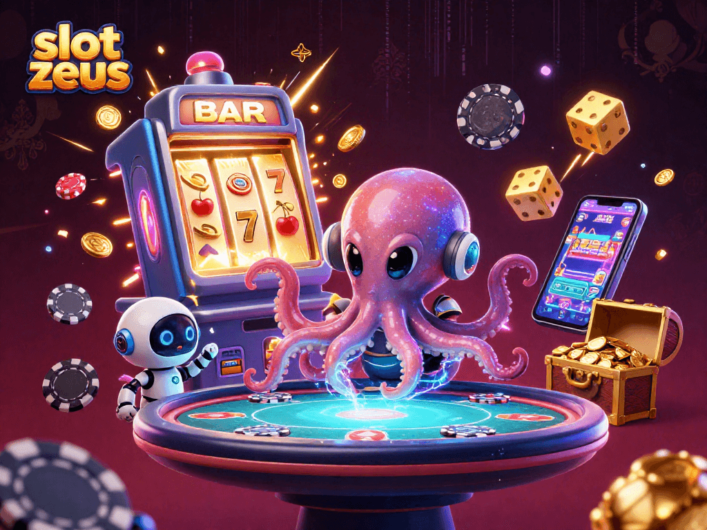 Permainan slot zeus yang menarik dengan karakter alien dan robot mengelilingi meja poker holografik.