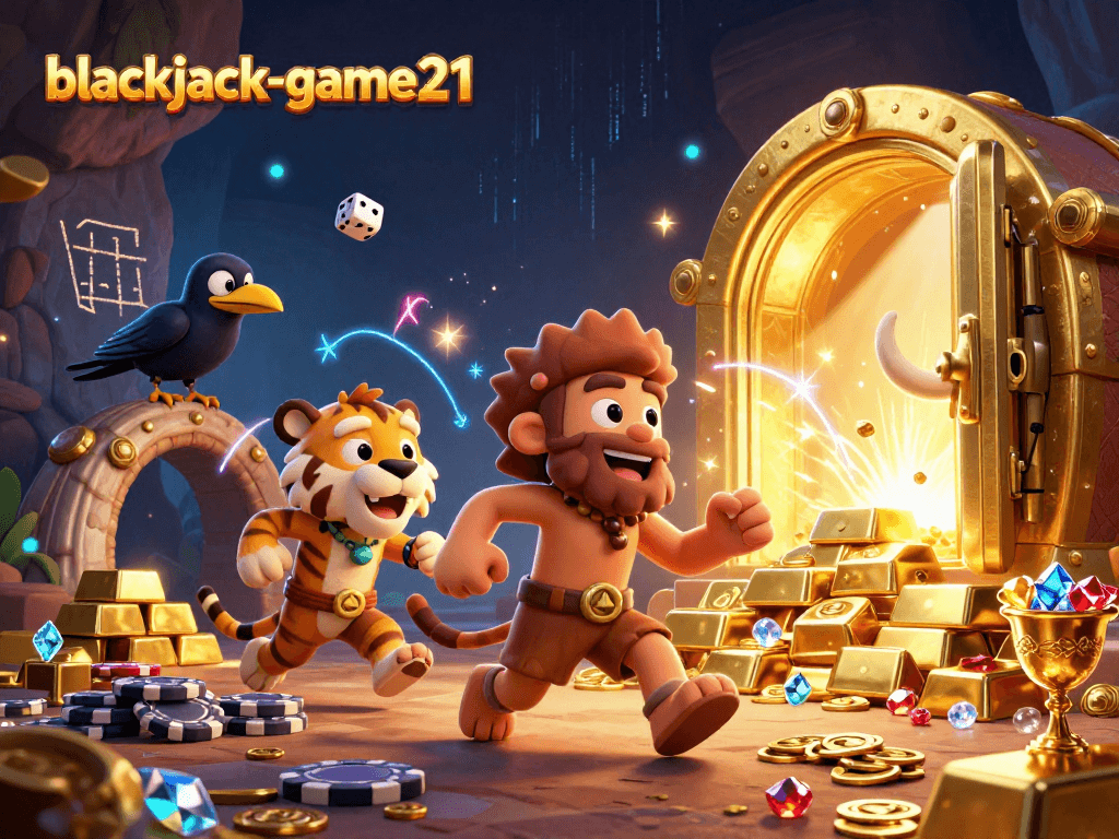 Engage in thrilling gameplay at blackjack-game21 with a vibrant casino scene featuring cavemen and treasures.