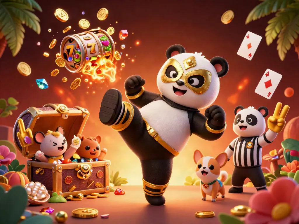 Experience the thrilling action at Onbet with a panda wrestler kicking toward treasure in a vibrant casino.