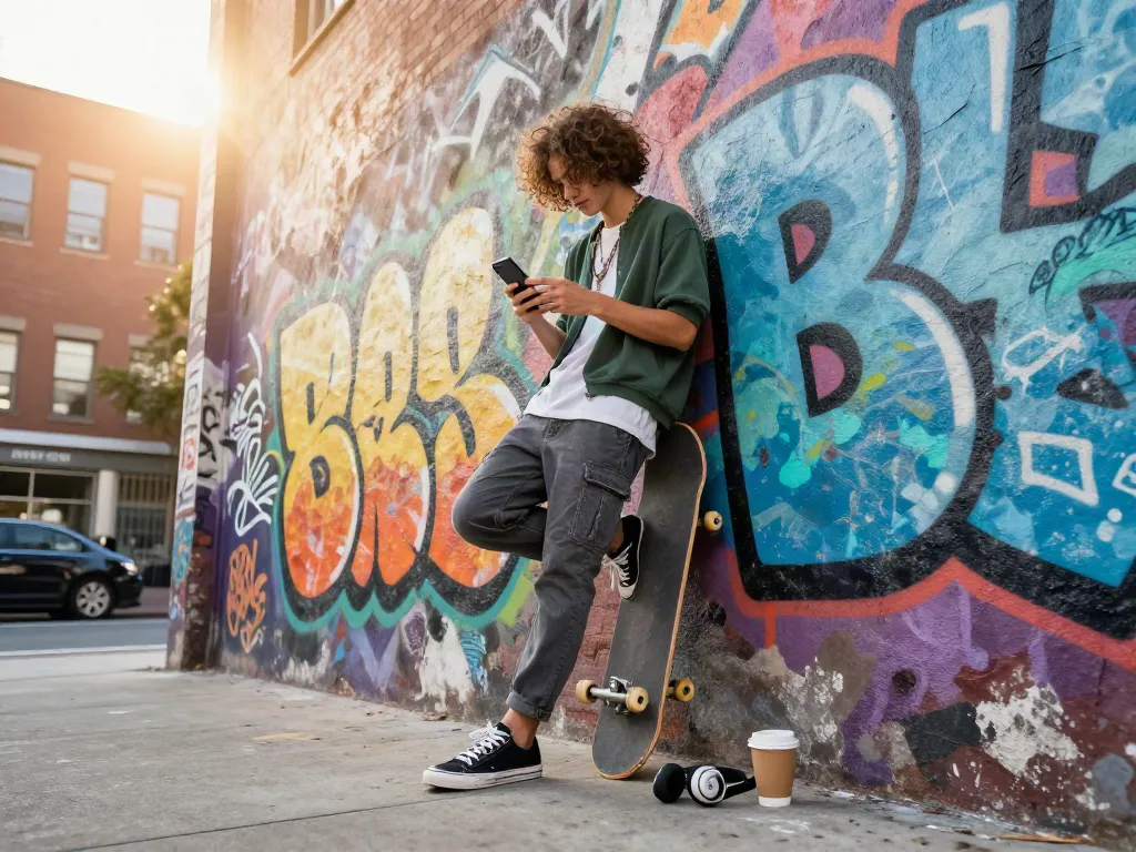 Urban lifestyle scene featuring peh888 in trendy streetwear with vibrant graffiti background.