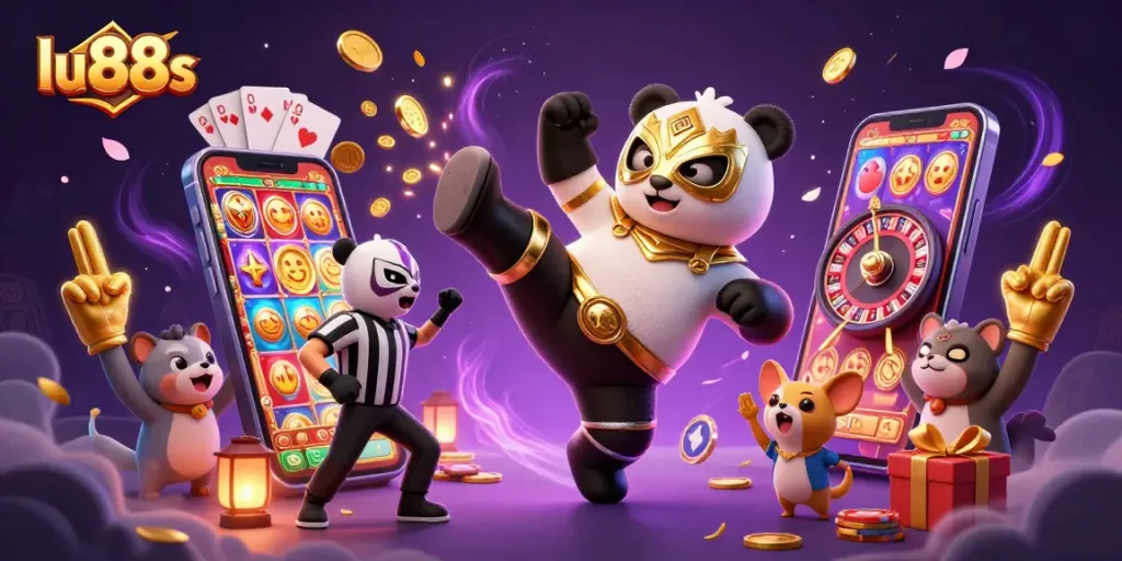 Engage in excitement with lu88s as a panda wrestler showcases a flying kick amidst lively slot gaming elements.