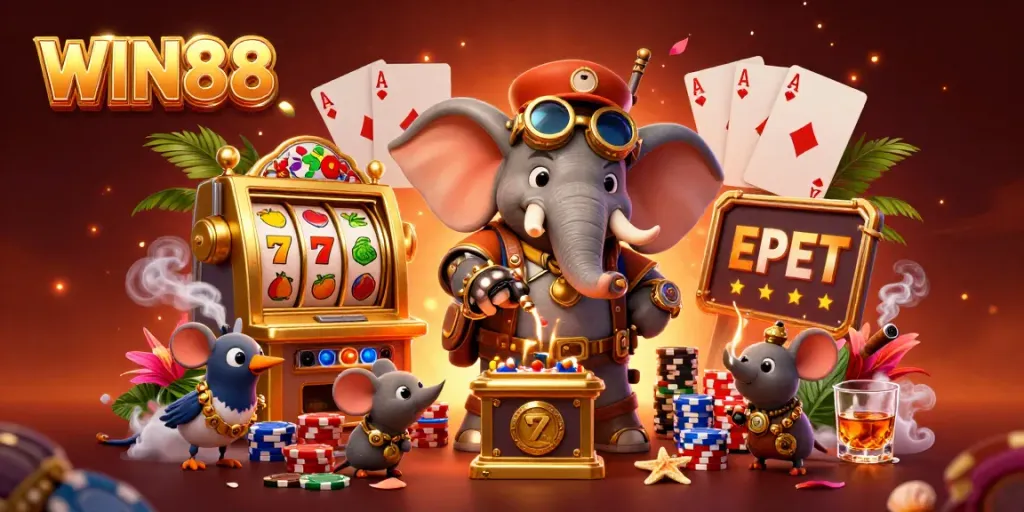 WIN88 branding scene with a steampunk elephant operating a vibrant slot machine, surrounded by casino elements.