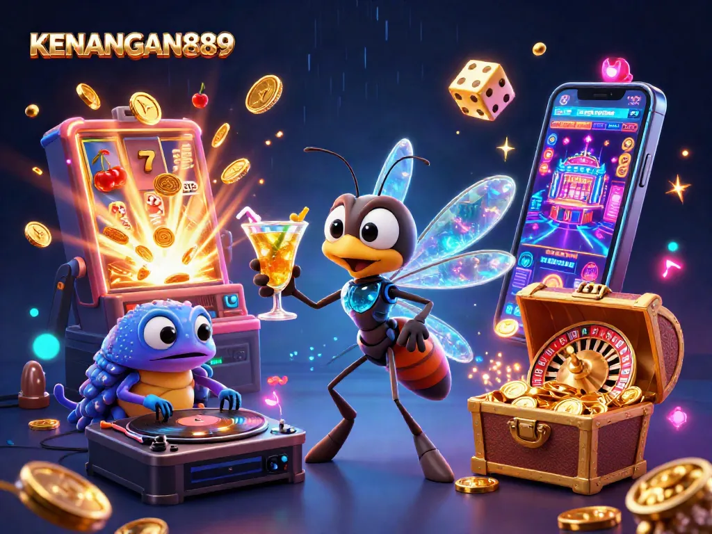 Experience KENANGAN889 excitement with vibrant casino elements and lively characters, a dynamic 3D illustration.