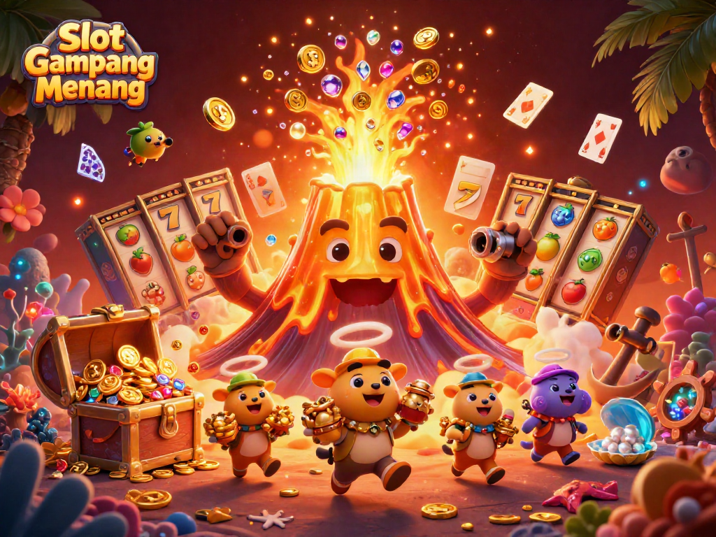 Experience the excitement of Slot Gampang Menang with a dynamic 3D illustration showcasing vibrant casino elements.