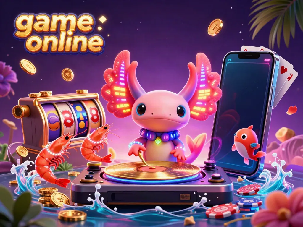 Engage with vibrant game online excitement featuring a neon axolotl DJ and lively sea creatures.
