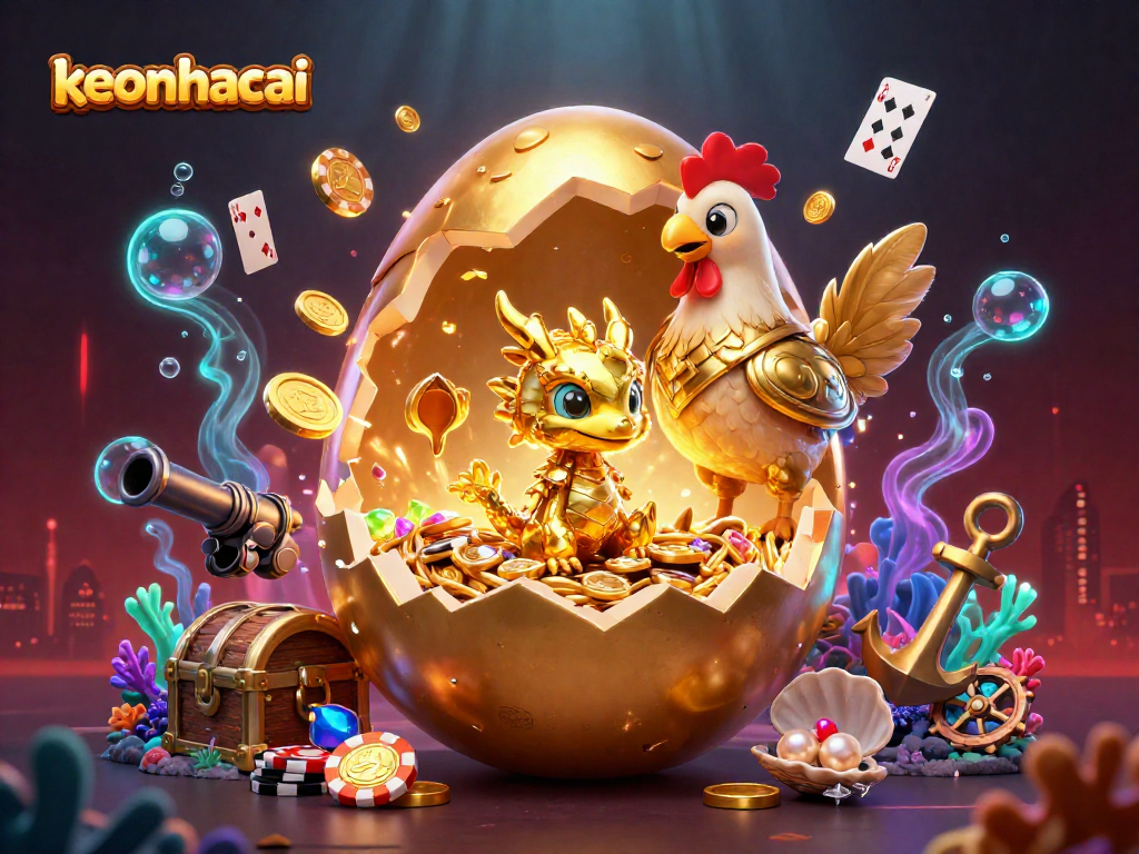 Engage with keonhacai's vibrant 3D casino scene featuring a golden dragon and poker elements.
