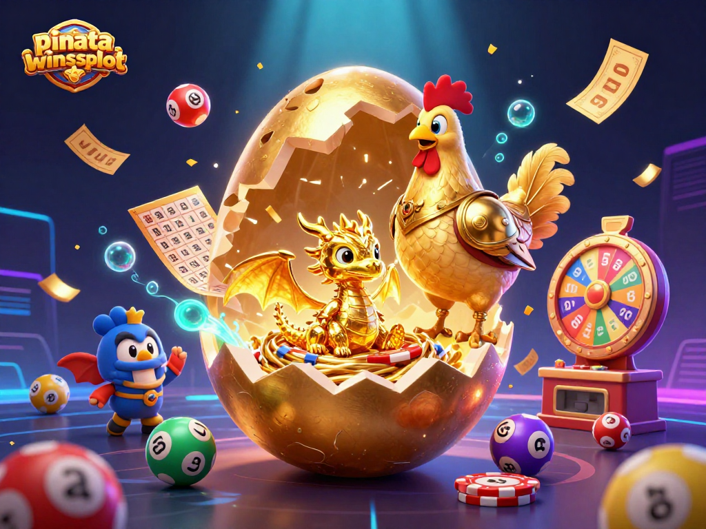 Win big with pinatawinsslot featuring a vibrant scene of a golden baby dragon, poker chips, and fun gambling symbols.
