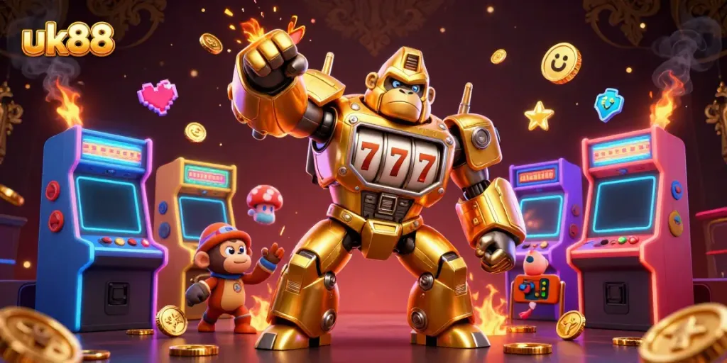 Win big with uk88's dynamic gaming experience featuring a golden gorilla mech and arcade elements.