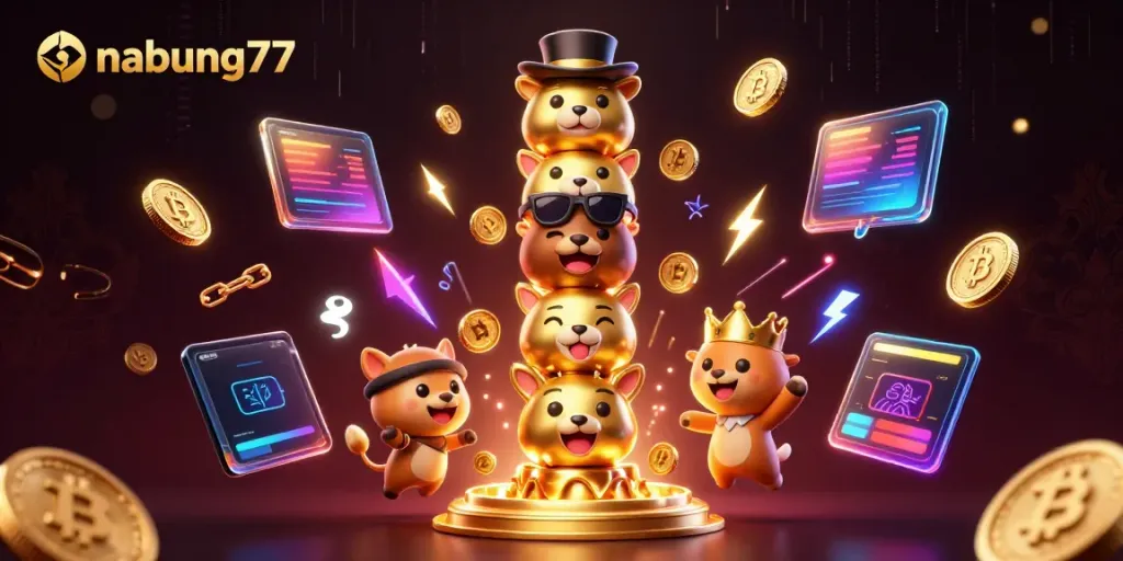 Engage with nabung77 as vibrant animated casino-themed characters and crypto elements collide.