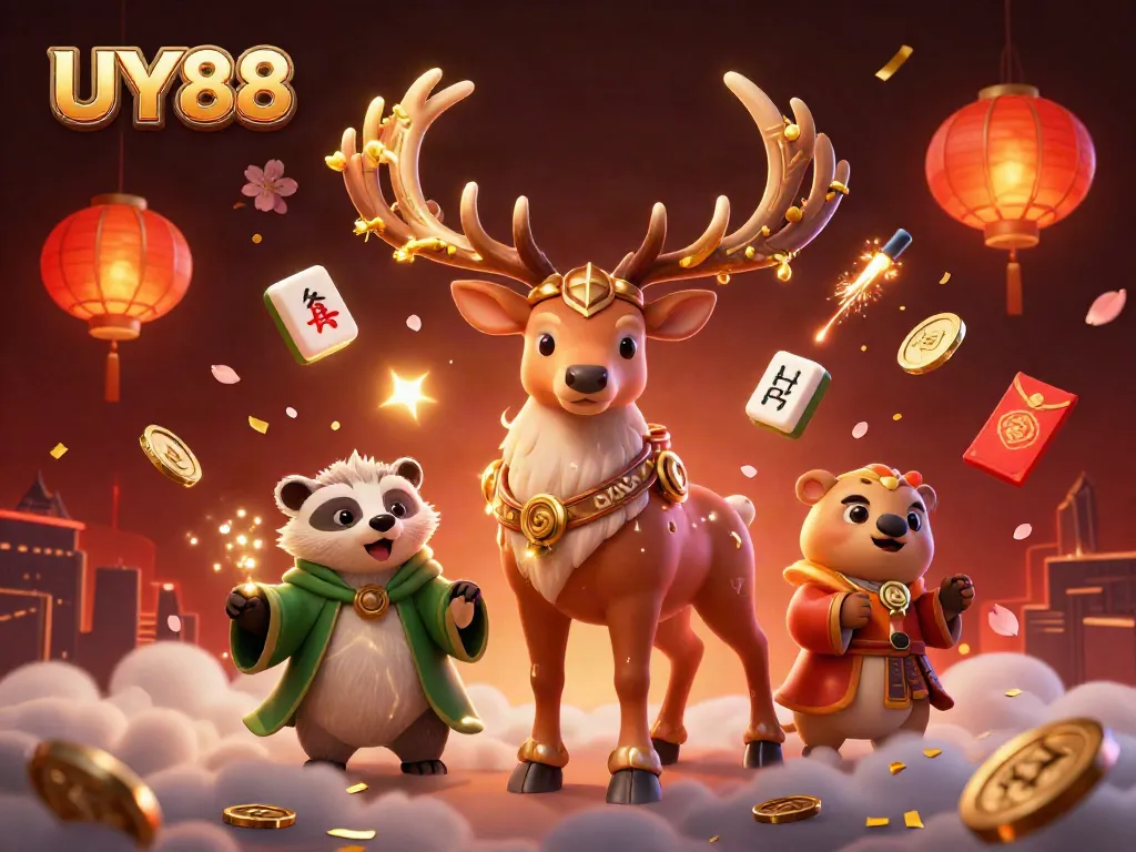Experience the magic of UY88 casino with vibrant characters and festive elements in a dazzling scene.