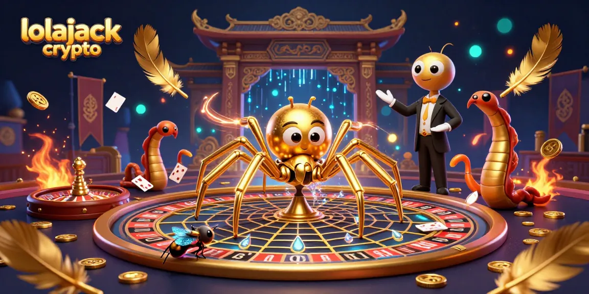 Engage in lolajack crypto as a fly nervously places bets while a golden spider spins a roulette-like web.