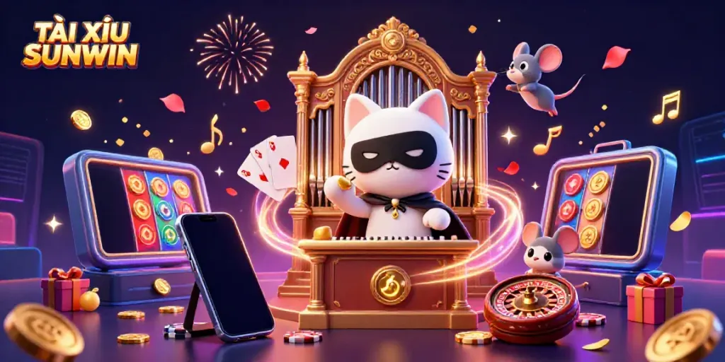 Experience TÀI XỈU SUNWIN with a vibrant casino scene featuring a phantom cat and casino games.