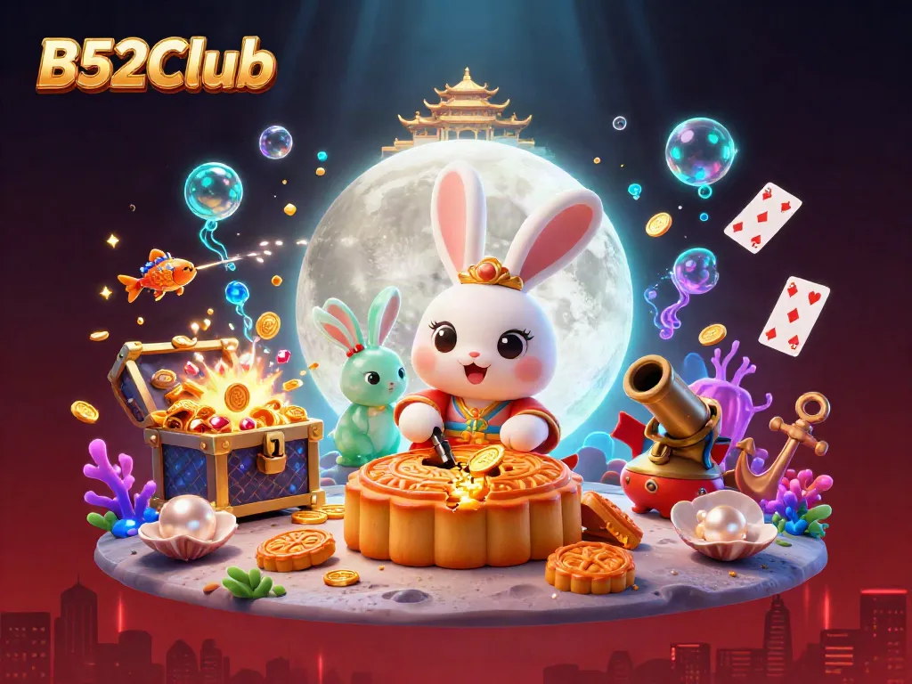 Engage in exciting gameplay at B52Club, featuring vibrant visuals of moon rabbits and poker chips.