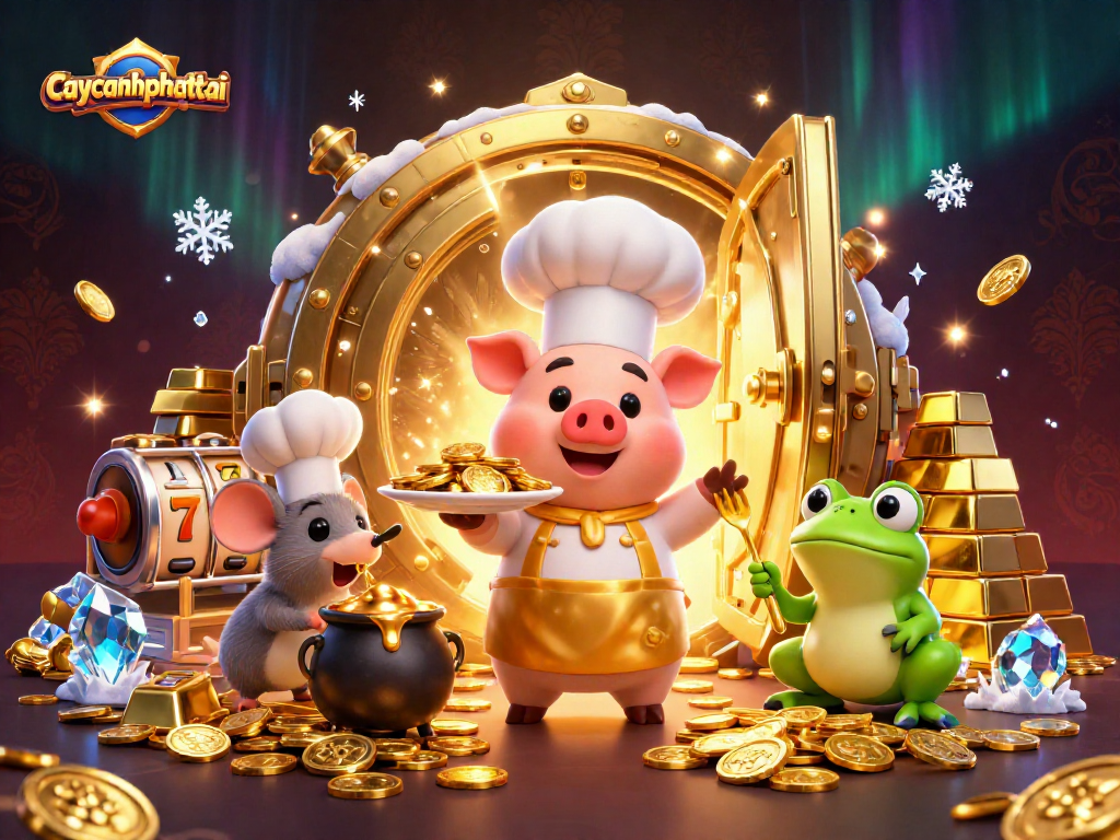 Engage with caycanhphattai's vibrant 3D scene filled with gold coins, jackpots, and whimsical characters.