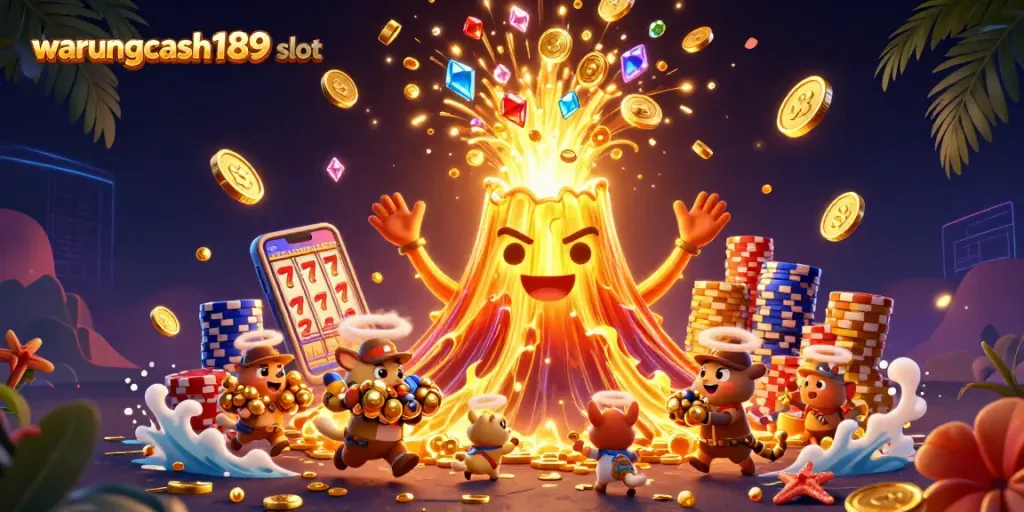 Win big at warungcash189 slot with a vibrant 3D animation of a volcano erupting treasures.