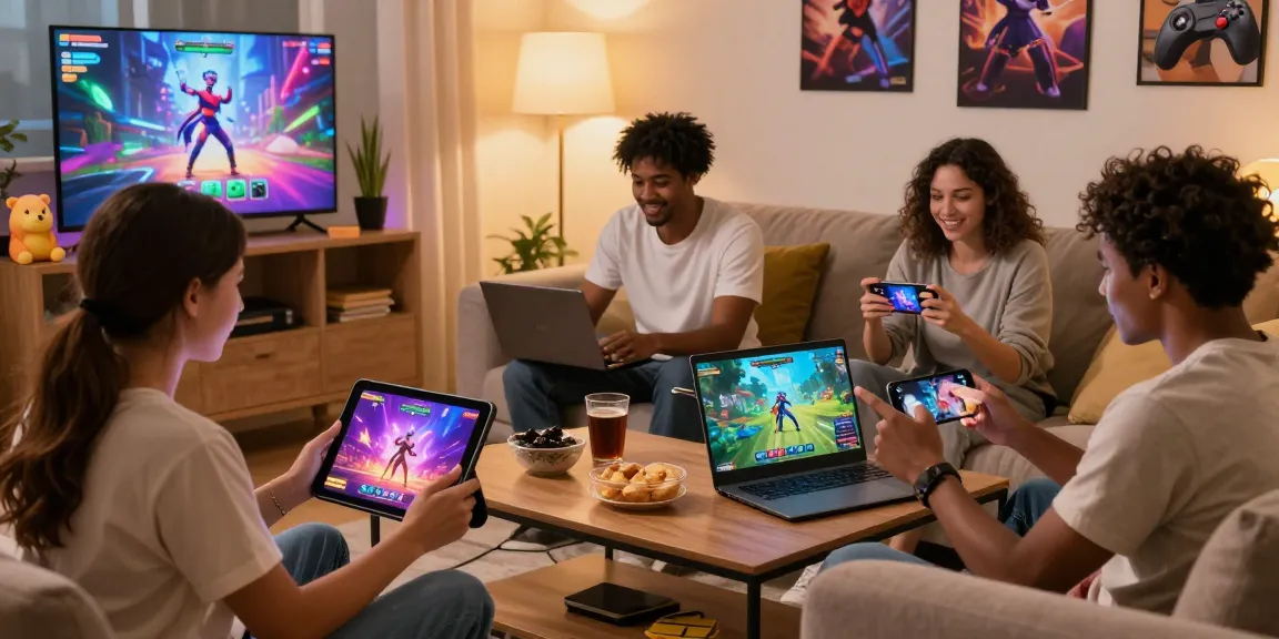 Group enjoying free sex game on various devices in a cozy living room.