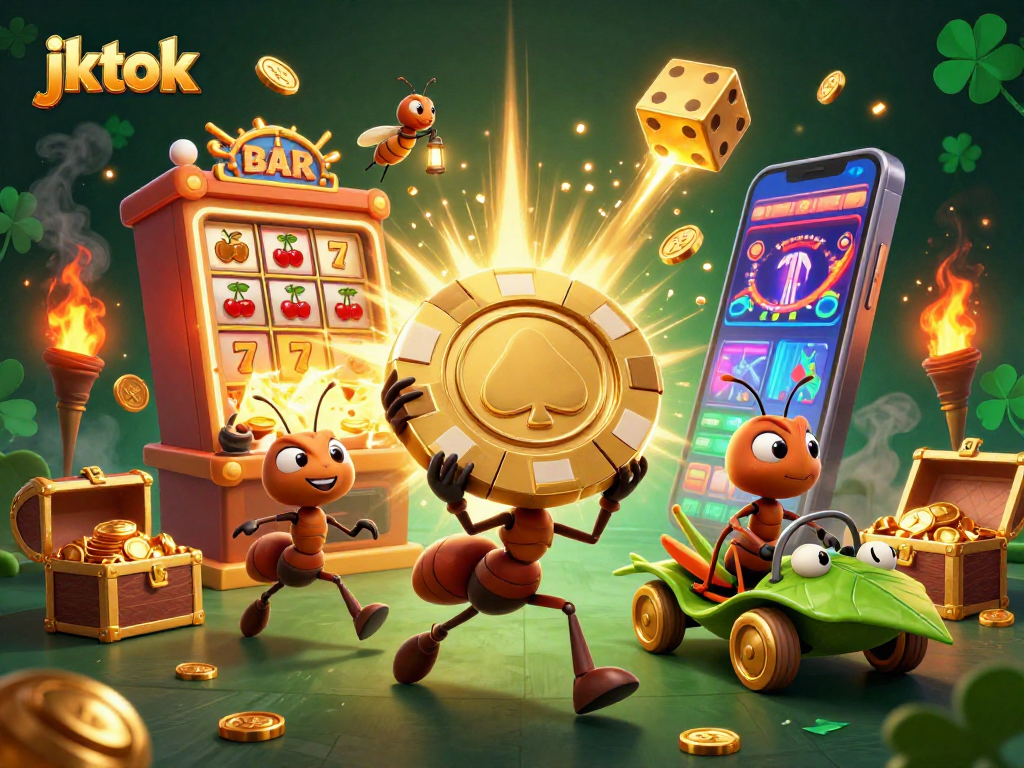 JKTOK menghadirkan suasana kasino yang mendebarkan dengan chip poker raksasa dan slot mesin jackpot.