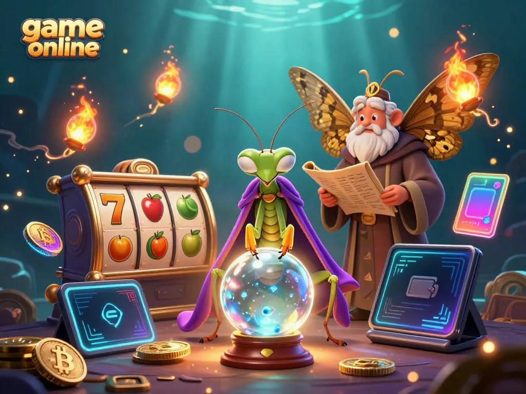 Engaging scene showcasing a praying mantis fortune teller and moth librarian in a vibrant casino setting, embodying game online.