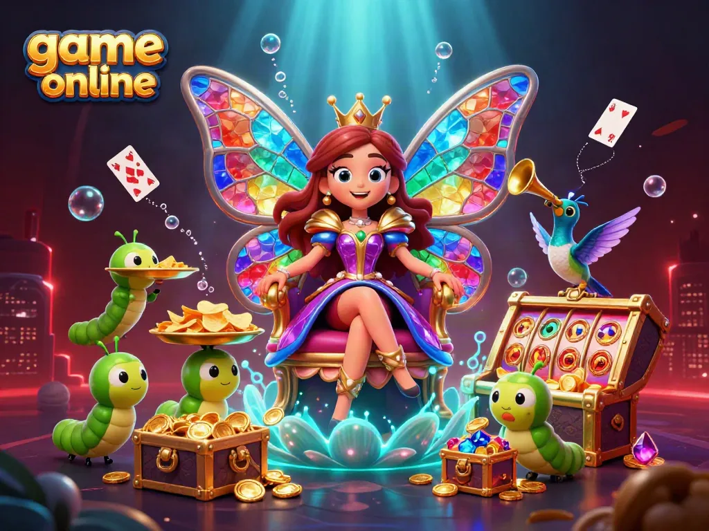 Experience thrilling game online action with vibrant casino-themed 3D illustration featuring glowing characters and treasures.