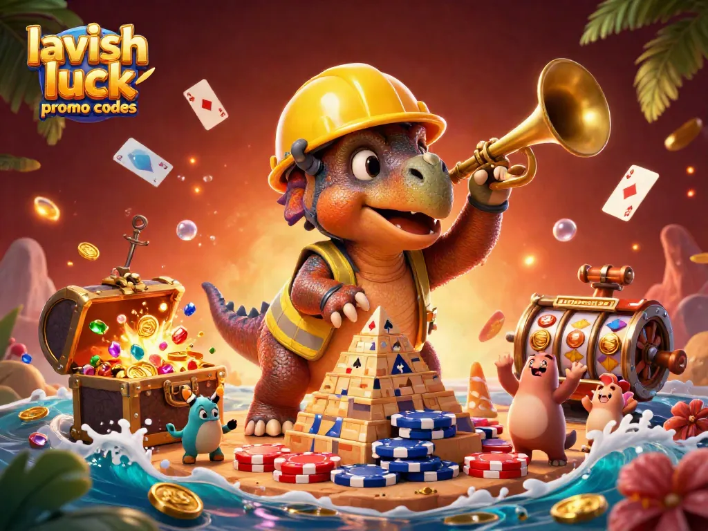 Enjoy lavish luck promo codes with a vibrant casino scene featuring a triceratops and celebratory elements.