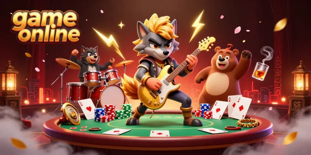 Engage in a thrilling game online atmosphere with a rock star wolf and drummer bear amidst vibrant casino elements.