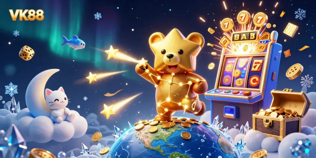 Engage with VK88's vibrant casino magic, a constellation bear scooping coins amidst a jackpot explosion.