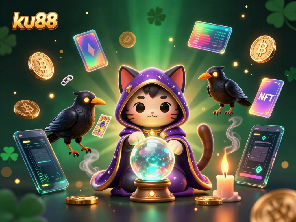 Engage with ku88's dynamic fortune teller mystic cat, raven, and mystical elements in a vibrant casino scene.