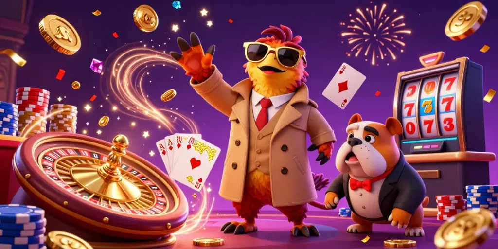 Experience thrilling bets at xibet with colorful casino games and three raptors in disguise entering a VIP lounge.