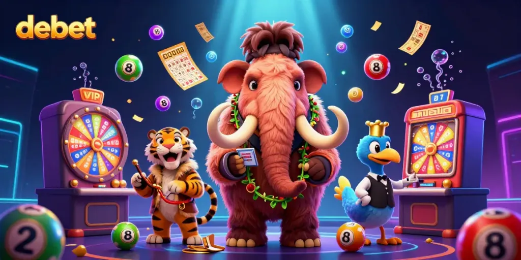 Engage in vibrant gaming action at debet with a woolly mammoth bouncer, saber-tooth guest, and colorful lottery elements.