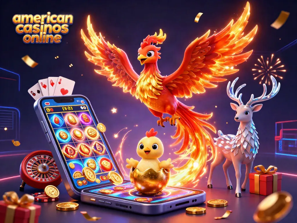 Experience the excitement of american casinos online with a magical phoenix scene and vibrant gaming elements.
