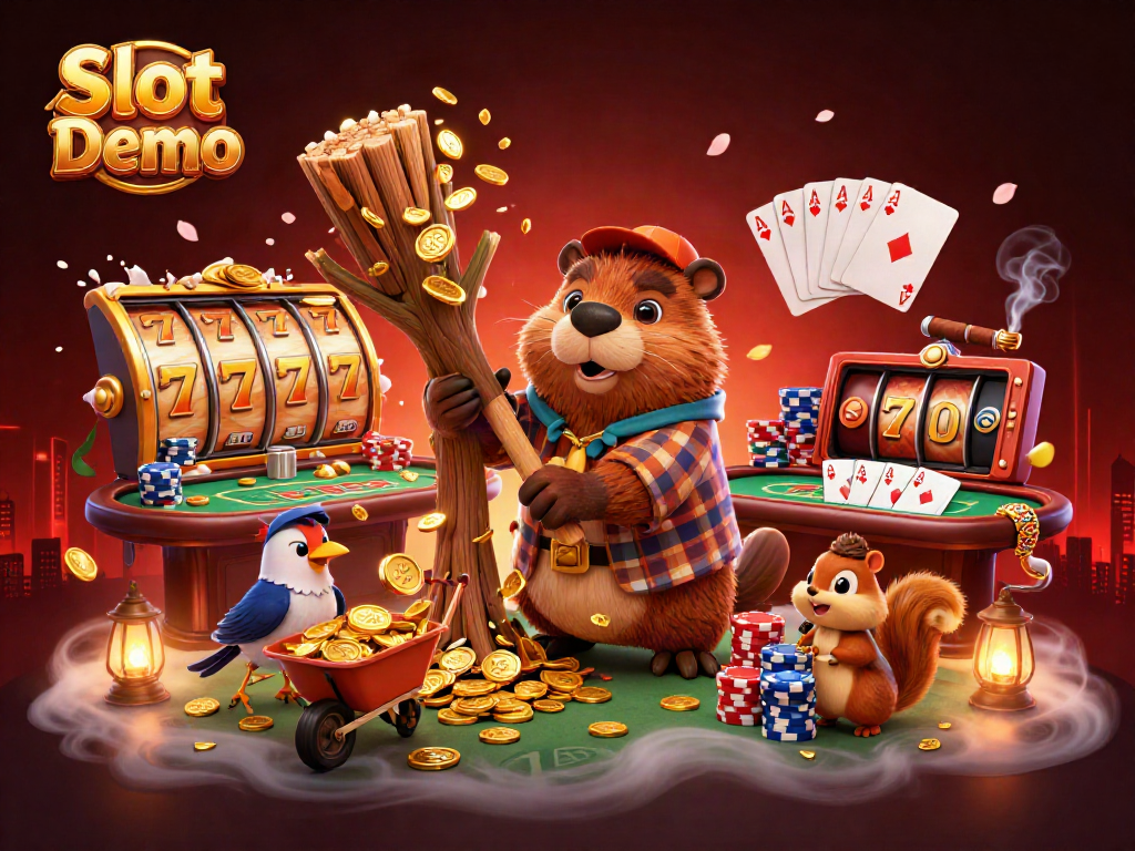 Engage with Slot Demo as a 3D beaver character collects golden coins in a vibrant casino scene.
