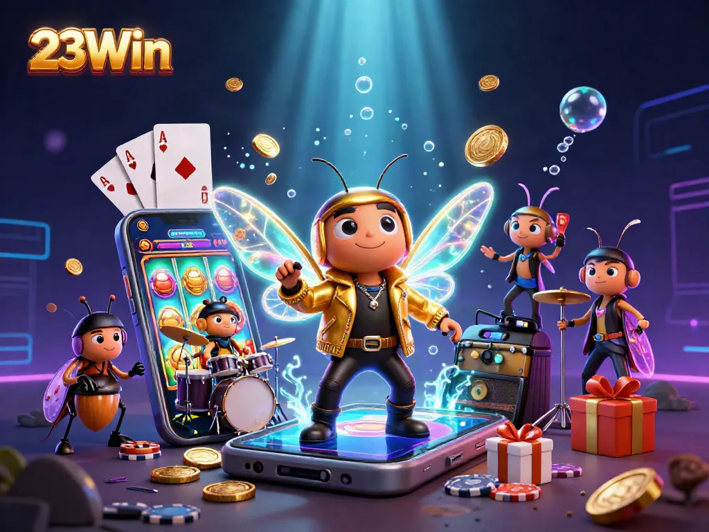 Experience epic wins at 23Win with an energetic rock star-themed casino scene filled with thrilling games.